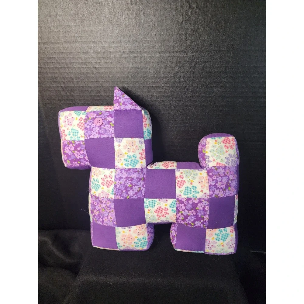 Handmade Patchwork Dog Plush Pillow Purple Floral Paw Print Quilted Decor 10in